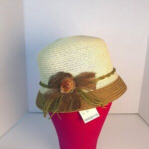 NWT Arden B Two Tone Floral Trim Faux Straw Hat